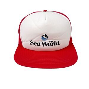 VINTAGE 80s Sea World Adjustable Sportcap Trucker Hat Red Shamu Whale San Diego